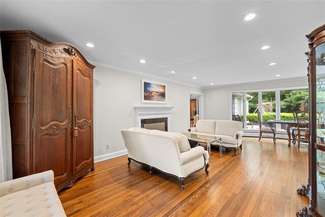 156 Lefferts Rd, Woodmere, NY 11598 - living room with wood finished floors, crown molding, recessed lighting, and a fireplace