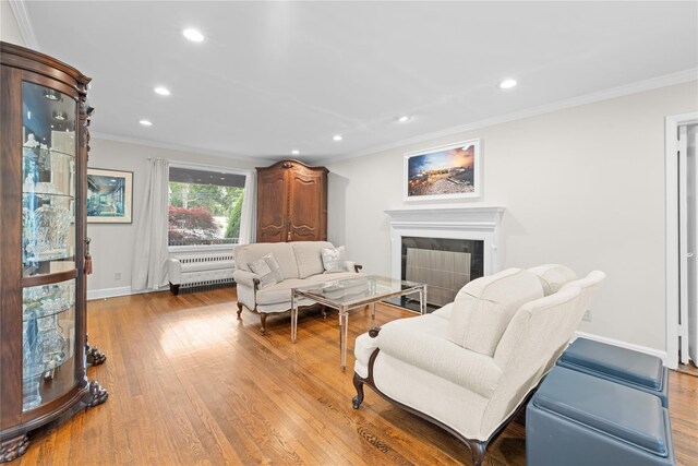 156 Lefferts Rd, Woodmere, NY 11598 - living room with a tiled fireplace, light wood-style flooring, ornamental molding, recessed lighting, and radiator heating unit