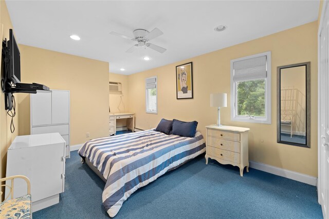 156 Lefferts Rd, Woodmere, NY 11598 - bedroom featuring dark colored carpet, recessed lighting, a ceiling fan, and an AC wall unit
