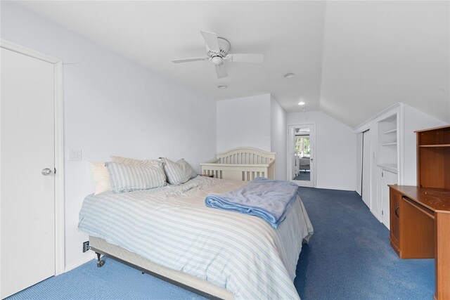 156 Lefferts Rd, Woodmere, NY 11598 - bedroom featuring lofted ceiling, dark colored carpet, and a ceiling fan