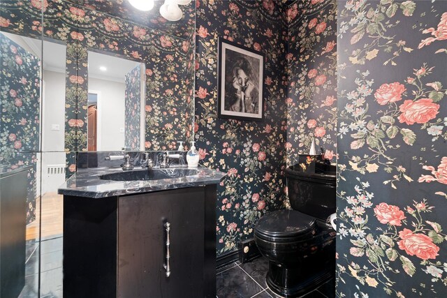 156 Lefferts Rd, Woodmere, NY 11598 - bathroom with tile patterned flooring, vanity, wallpapered walls, and crown molding