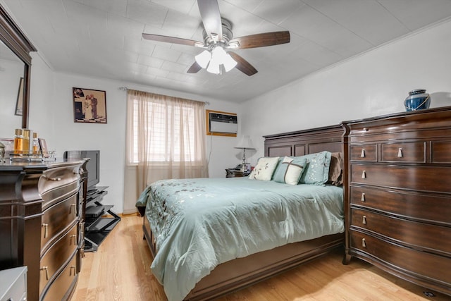 6303 74th St, Middle Village, NY 11379 - bedroom with a wall mounted air conditioner, light wood-type flooring, ornamental molding, and ceiling fan