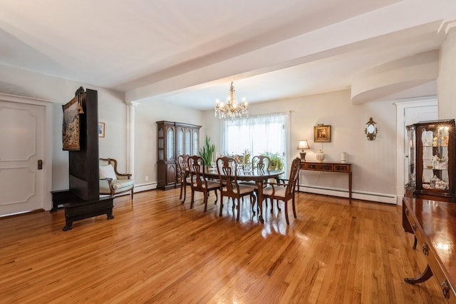 107 S Country Rd, East Patchogue, NY 11772 - dining area featuring baseboard heating, light wood-style floors, and a chandelier