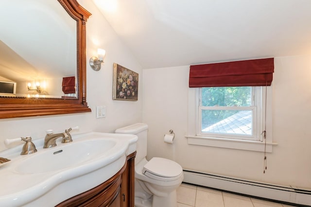 107 S Country Rd, East Patchogue, NY 11772 - bathroom with a baseboard heating unit, lofted ceiling, tile patterned flooring, and vanity