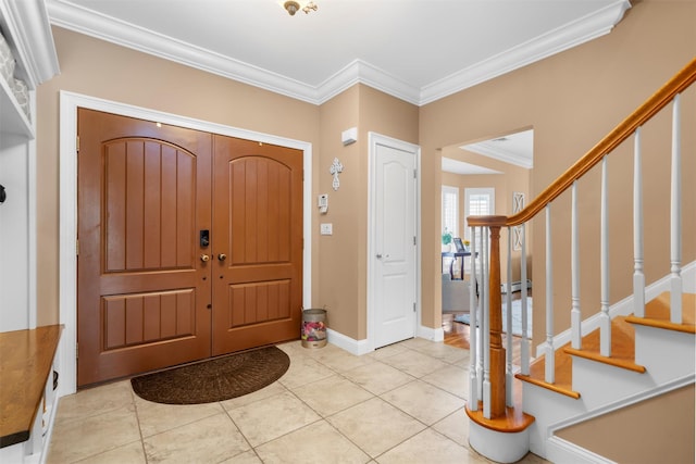 10 Von Trapp Ct, Washingtonville, NY 10992 - foyer entrance with ornamental molding, stairs, and light tile patterned floors