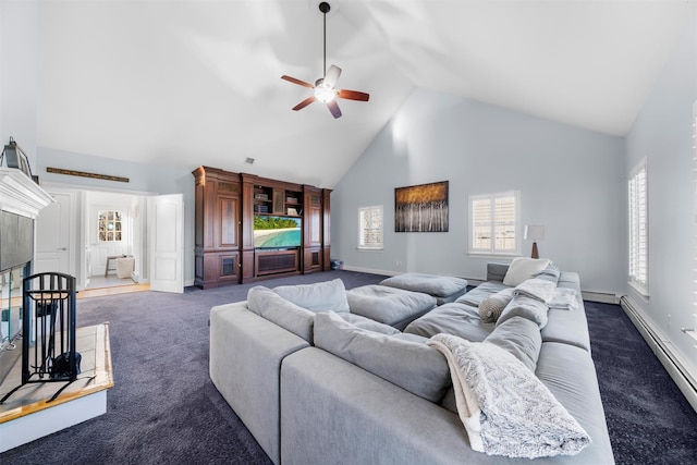 10 Von Trapp Ct, Washingtonville, NY 10992 - living room featuring high vaulted ceiling, dark colored carpet, baseboard heating, a ceiling fan, and a fireplace
