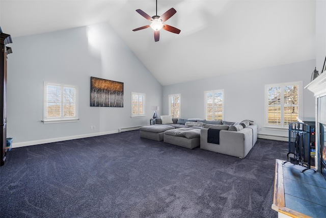 10 Von Trapp Ct, Washingtonville, NY 10992 - living area with a ceiling fan, high vaulted ceiling, carpet flooring, and a baseboard radiator