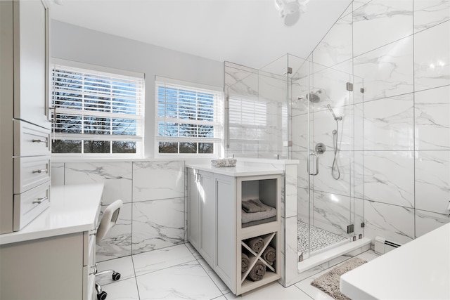 10 Von Trapp Ct, Washingtonville, NY 10992 - full bath featuring a marble finish shower, marble finish flooring, tile walls, and baseboard heating