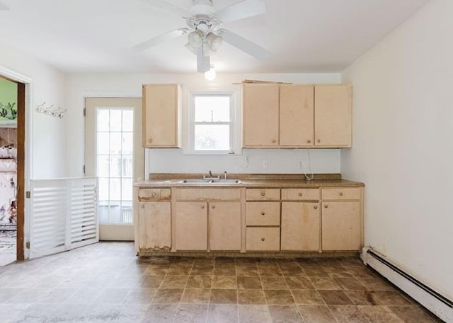 8 Gary Dr, Hyde Park, NY 12538 - kitchen with a baseboard heating unit, light brown cabinetry, ceiling fan, and stone finish flooring