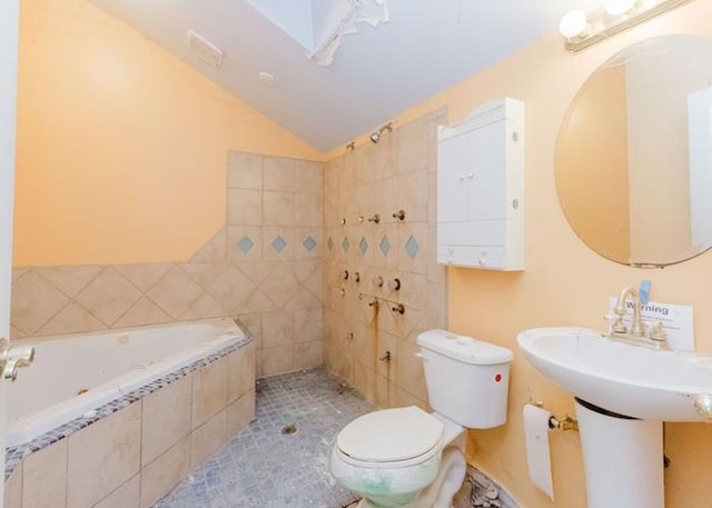8 Gary Dr, Hyde Park, NY 12538 - bathroom featuring a bath, lofted ceiling, a tile shower, and tile patterned flooring