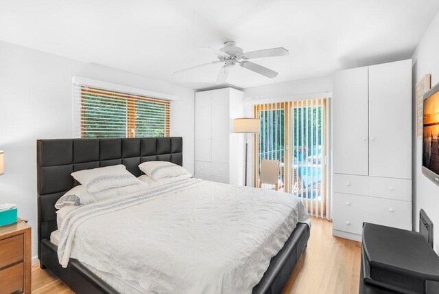 305 Fire Island Blvd, Fire Island Pines, NY 11782 - bedroom with light wood-style flooring, access to outside, and ceiling fan