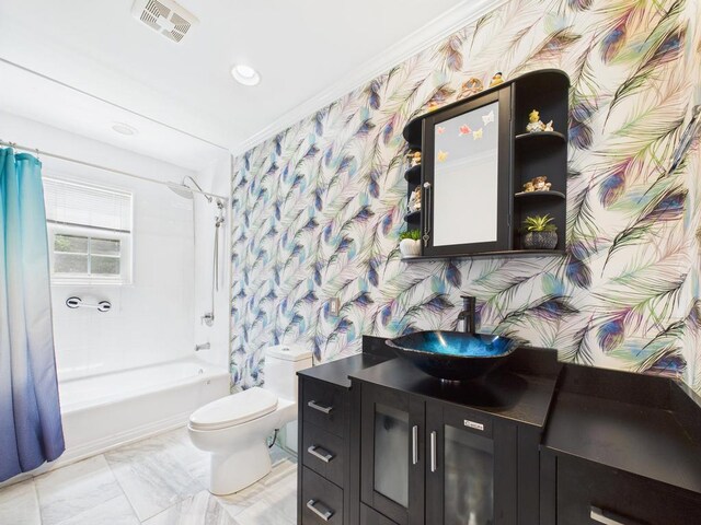 12 Turin St, East Patchogue, NY 11772 - bathroom with wallpapered walls, vanity, ornamental molding, shower / tub combo with curtain, and marble look tiles