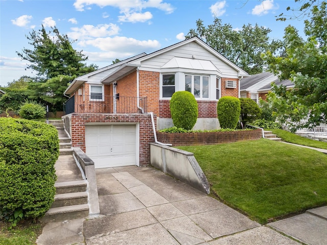 50-55 Cloverdale Blvd, Bayside, NY 11364 - bungalow-style house featuring brick siding, an attached garage, driveway, a front yard, and stairs