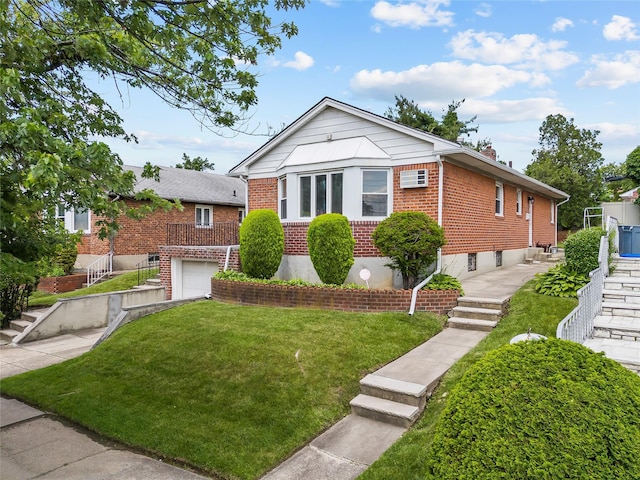 50-55 Cloverdale Blvd, Bayside, NY 11364 - bungalow-style house with brick siding, a front yard, a garage, driveway, and stairs