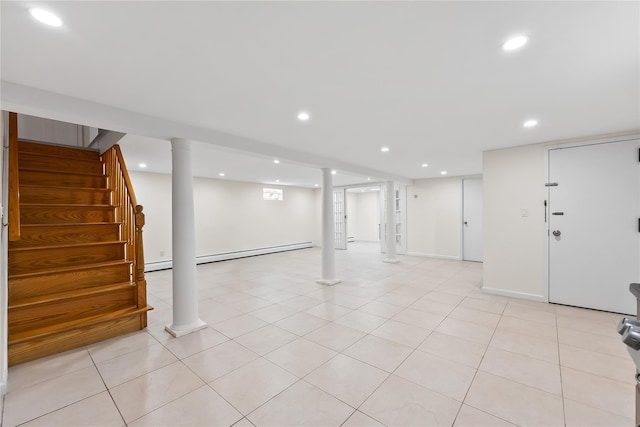 50-55 Cloverdale Blvd, Bayside, NY 11364 - finished below grade area featuring a baseboard heating unit, recessed lighting, stairs, and light tile patterned flooring