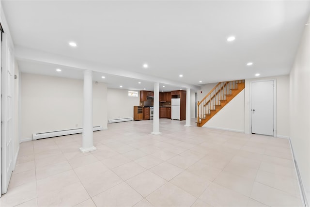 50-55 Cloverdale Blvd, Bayside, NY 11364 - finished below grade area featuring freestanding refrigerator, a baseboard heating unit, recessed lighting, stairway, and baseboard heating