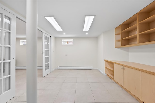 50-55 Cloverdale Blvd, Bayside, NY 11364 - below grade area featuring a baseboard heating unit, french doors, a baseboard radiator, recessed lighting, and light tile patterned floors