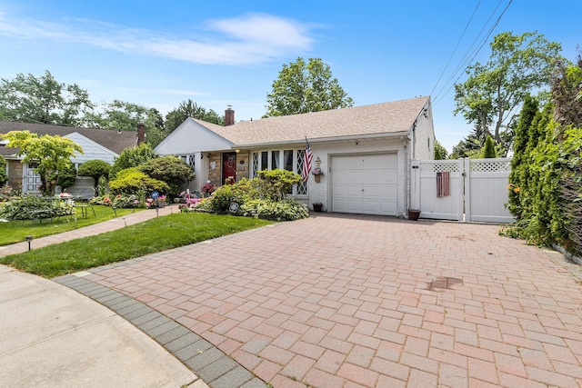 883 Saint James Pl, Franklin Square, NY 11010 - ranch-style house featuring a gate, an attached garage, decorative driveway, and a chimney
