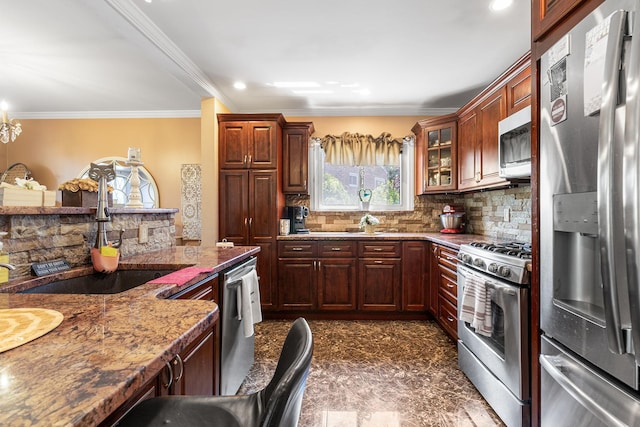 883 Saint James Pl, Franklin Square, NY 11010 - kitchen with appliances with stainless steel finishes, tasteful backsplash, crown molding, stone countertops, and glass insert cabinets