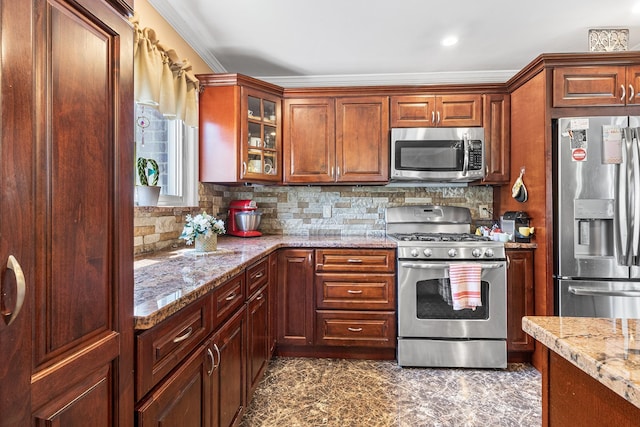 883 Saint James Pl, Franklin Square, NY 11010 - kitchen with stainless steel appliances, ornamental molding, decorative backsplash, glass insert cabinets, and light stone counters