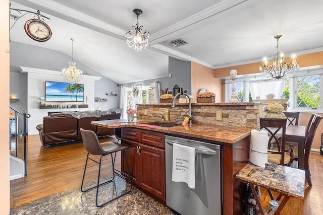 883 Saint James Pl, Franklin Square, NY 11010 - kitchen featuring dishwasher, a chandelier, plenty of natural light, a breakfast bar area, and crown molding
