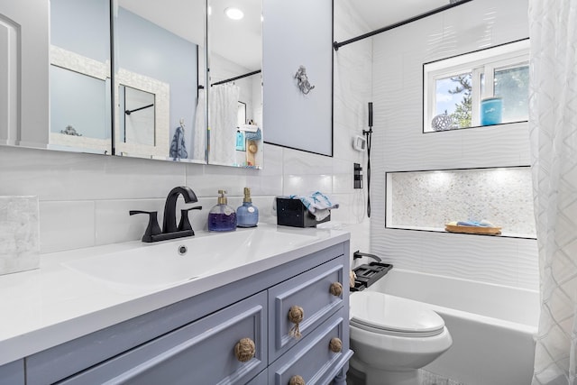 883 Saint James Pl, Franklin Square, NY 11010 - bathroom with vanity, shower / bath combination with curtain, and tasteful backsplash