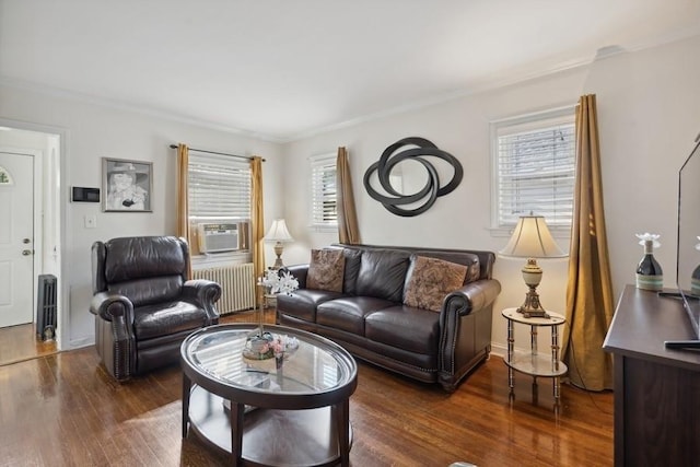 5 Charles St, Valley Stream, NY 11580 - living area featuring radiator heating unit, crown molding, wood finished floors, and cooling unit