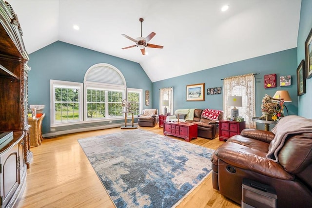 48 Brennan Ct, Chester, NY 10918 - living room with a ceiling fan, light wood finished floors, recessed lighting, and high vaulted ceiling