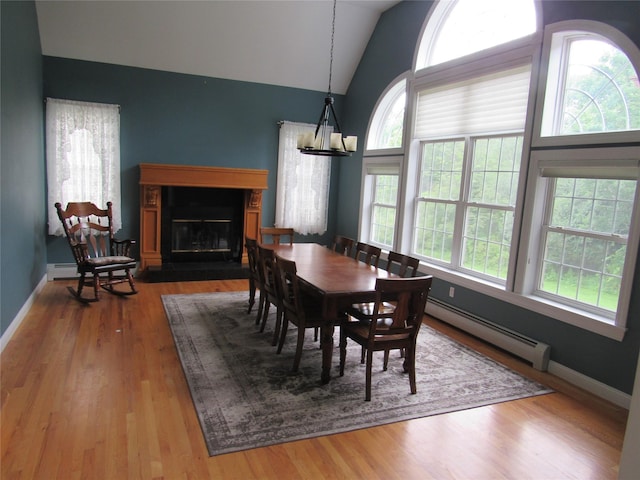 48 Brennan Ct, Chester, NY 10918 - dining space with a baseboard radiator, healthy amount of natural light, lofted ceiling, a glass covered fireplace, and wood finished floors