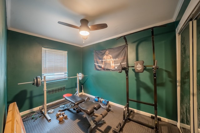 218-12 73rd Ave Unit 401A1, Oakland Gardens, NY 11364 - exercise room with a ceiling fan, ornamental molding, and carpet flooring