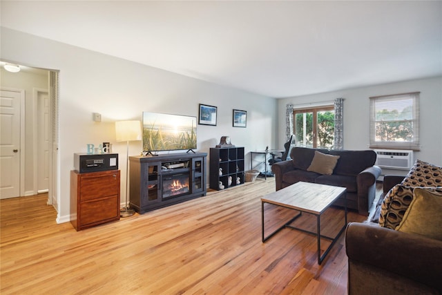 4428 Wilshire Ln Unit J28, Oakdale, NY 11769 - living room featuring wood finished floors, a glass covered fireplace, and cooling unit