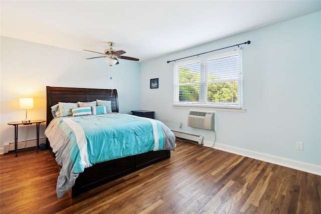 4428 Wilshire Ln Unit J28, Oakdale, NY 11769 - bedroom with a baseboard heating unit, wood finished floors, a wall mounted air conditioner, and ceiling fan