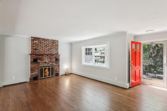 6 Cold Spring Ln, Huntington, NY 11743 - unfurnished living room with baseboard heating, ornamental molding, wood finished floors, and a fireplace