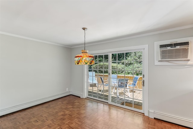 6 Cold Spring Ln, Huntington, NY 11743 - unfurnished dining area featuring a baseboard heating unit, ornamental molding, and a wall mounted AC
