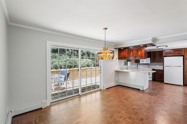 6 Cold Spring Ln, Huntington, NY 11743 - kitchen with white appliances, a peninsula, light countertops, a baseboard heating unit, and crown molding