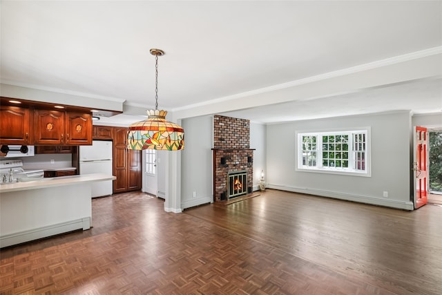 6 Cold Spring Ln, Huntington, NY 11743 - kitchen with white appliances, baseboard heating, open floor plan, light countertops, and hanging light fixtures