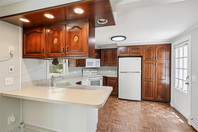 6 Cold Spring Ln, Huntington, NY 11743 - kitchen featuring white appliances, light countertops, a peninsula, baseboard heating, and recessed lighting