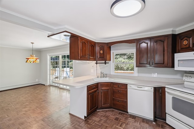 6 Cold Spring Ln, Huntington, NY 11743 - kitchen featuring white appliances, light countertops, a peninsula, ornamental molding, and a baseboard heating unit