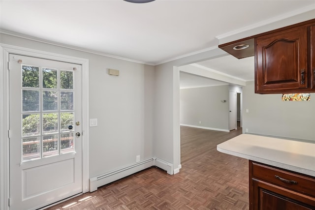 6 Cold Spring Ln, Huntington, NY 11743 - kitchen with a baseboard heating unit, light countertops, crown molding, and dark brown cabinetry