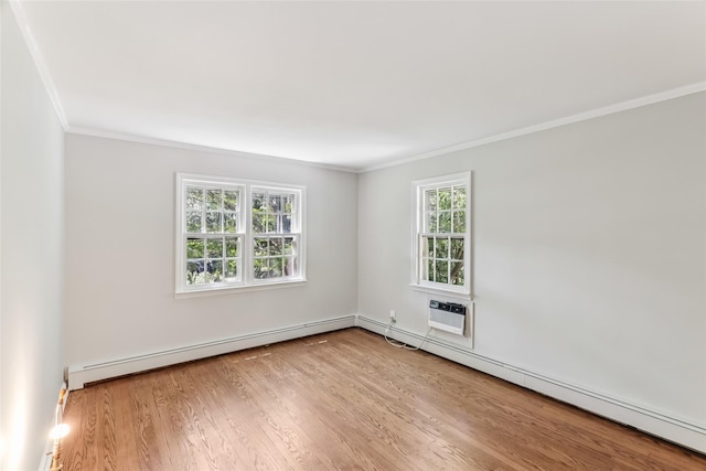 6 Cold Spring Ln, Huntington, NY 11743 - unfurnished room with ornamental molding, wood finished floors, a baseboard heating unit, and a wall mounted air conditioner