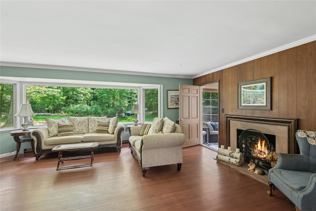 23 Bacon Rd, Head Of The Harbor, NY 11780 - living area with ornamental molding, healthy amount of natural light, a fireplace, wood walls, and wood finished floors