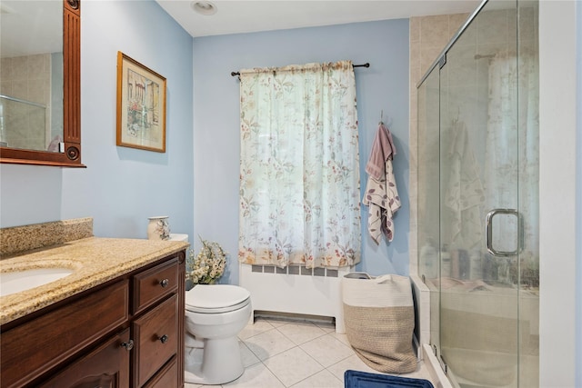 23 Bacon Rd, Head Of The Harbor, NY 11780 - bathroom with radiator, vanity, tile patterned flooring, and a stall shower