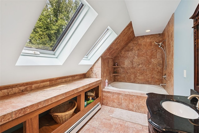 23 Bacon Rd, Head Of The Harbor, NY 11780 - bathroom featuring plenty of natural light, a skylight, stone tile flooring, and tiled shower / bath
