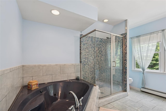 23 Bacon Rd, Head Of The Harbor, NY 11780 - full bath featuring baseboard heating, a whirlpool tub, a stall shower, tile patterned floors, and recessed lighting