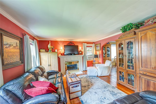 227 Elm St, West Hempstead, NY 11552 - living area featuring healthy amount of natural light, arched walkways, wood finished floors, a fireplace with flush hearth, and crown molding