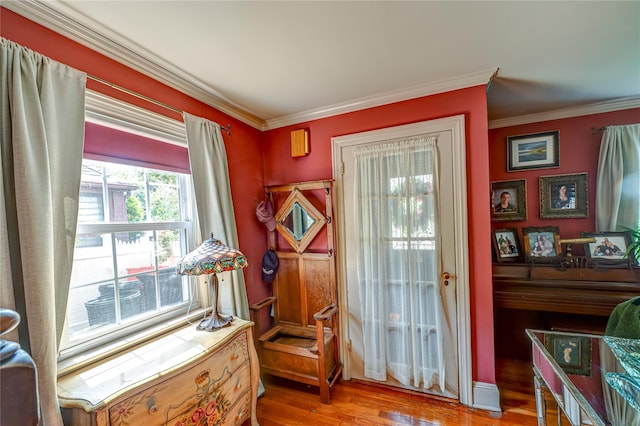 227 Elm St, West Hempstead, NY 11552 - doorway featuring plenty of natural light, wood finished floors, and ornamental molding