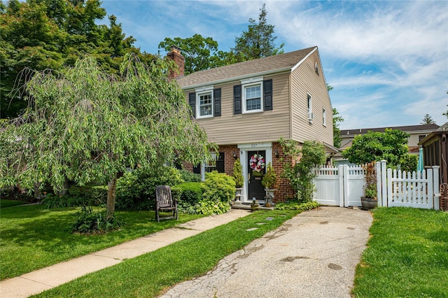 227 Elm St, West Hempstead, NY 11552 - colonial-style house featuring a chimney, a gate, and brick siding