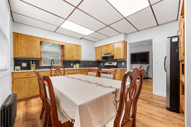 610 Van Cortlandt Park Ave, Yonkers, NY 10705 - kitchen with stainless steel appliances, radiator heating unit, under cabinet range hood, light wood-type flooring, and decorative backsplash