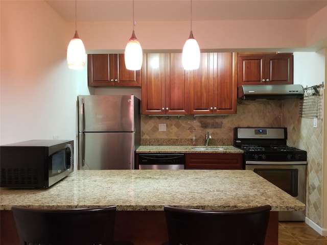 102-25 67th Rd Unit 5D, Forest Hills, NY 11375 - kitchen featuring stainless steel appliances, exhaust hood, decorative light fixtures, backsplash, and light stone countertops
