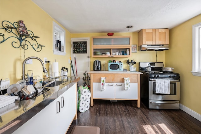 93 Edgewood Ave, Yonkers, NY 10704 - kitchen with stainless steel range with gas stovetop, under cabinet range hood, dark wood-type flooring, and glass insert cabinets